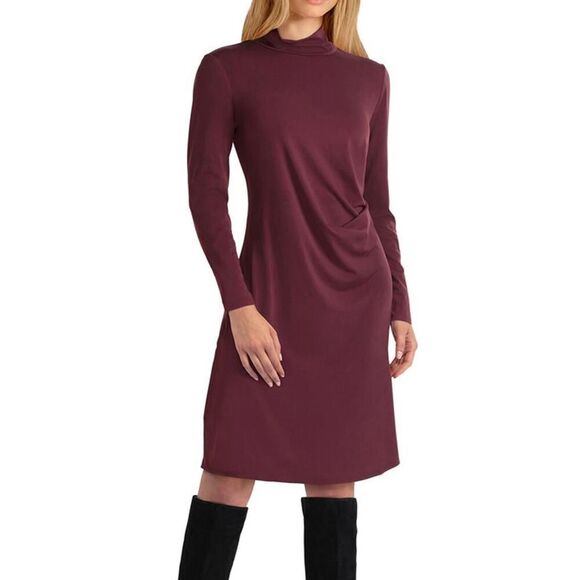 H by Halston Burgundy Long Sleeve Mock Neck Pleated Dress Size S - Picture 1 of 6